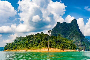 Tropical jungle and towering limestone cliffs on a large lake (Khao Sok, Thailand)