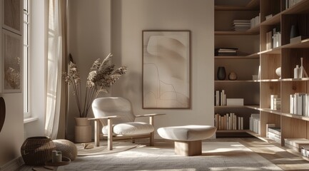Modern Scandinavian home interior with a neutral color palette, minimalist shelving, and a cozy reading nook
