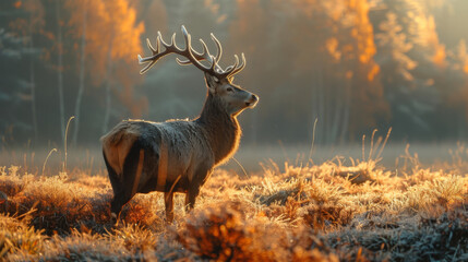 A majestic deer stands in a frosty, misty forest at sunrise, illuminated by golden light.