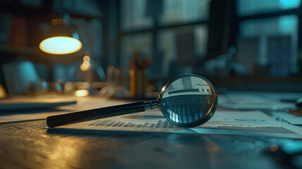 magnifying glass, financial graphs and charts with magnifying glass on desk. Business concept for night trading