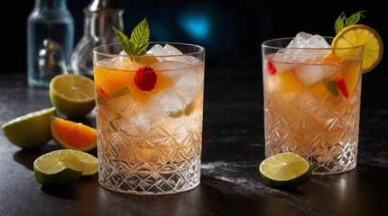 Fototapeta premium Colorful horizontal close up of 2 cocktails with a lot of ice, decorated with lemon and orange, 16:9
