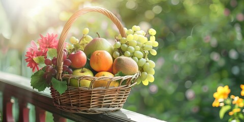 Basket of colorful fruits on a sunlit balcony with a blurred nature background