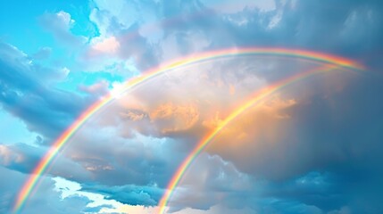 A breathtaking sight of two rainbows against a backdrop of stormy clouds.