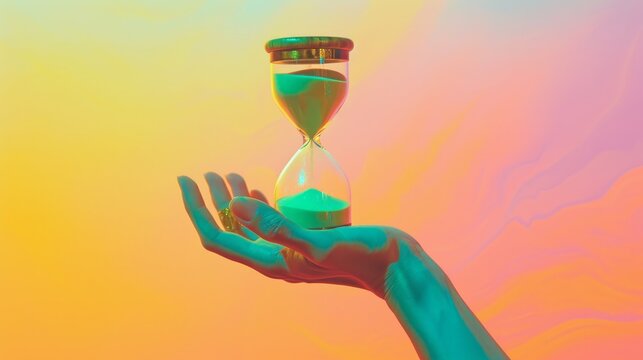 Hand holding colorful hourglass against pastel background.