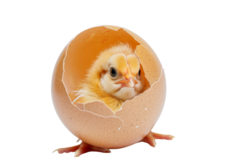 Tiny Baby Chicken Breaking Out of Egg Shell Isolated on Transparent Background