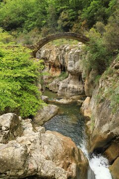 Pont Romain, a restored Roman bridge crossing the Gorges de la Blanque near Bugarach in Aude department, southern France