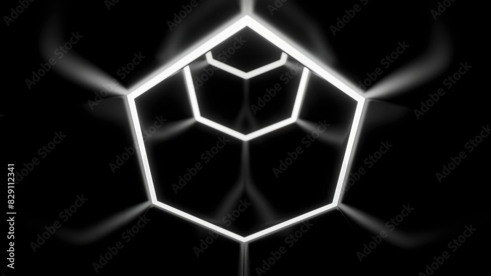 Poster abstract monochrome hexagon shapes creating effect of a tunnel. design. flying through neon frames.