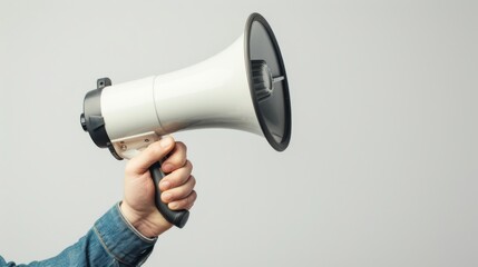 Hand holding a white megaphone against a gray background