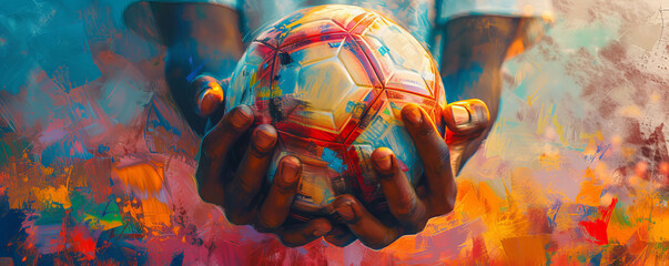 Colorful artistic painting of hands holding a soccer ball