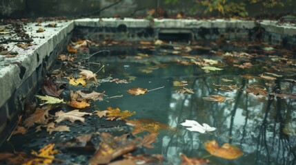 A pond with leaves floating on the surface