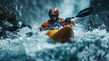 Fototapeta premium Extreme kayaker in orange gear paddling through rough rapids in a wild river, showcasing adventure and action.
