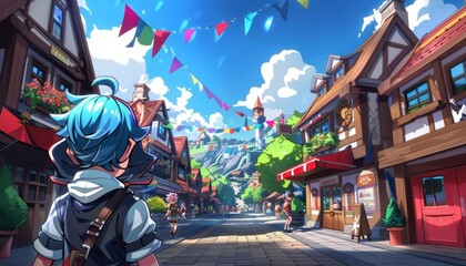 A crossroads in a small town during a festival, decorated with flags and lights, bustling with people
