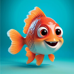 Cartoon 3D fish. Stylized 3D illustration of a friendly cartoon fish character, isolated. Cute fish print on clothes, stationery, books, children's products. Fishing, fish store, tackle.