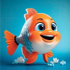 Cartoon 3D fish. Stylized 3D illustration of a friendly cartoon fish character, isolated. Cute fish print on clothes, stationery, books, children's products. Fishing, fish store, tackle.