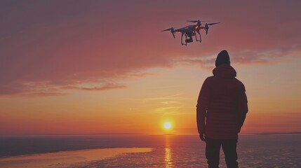 A man is standing on a grassy field and watching a drone fly over a river