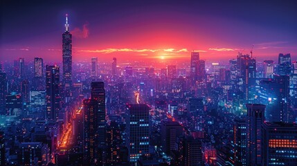 Fototapeta premium A bustling cityscape at night with towering skyscrapers and neon lights, all in a noir color palette, depicting a business executive saving time with innovative technology