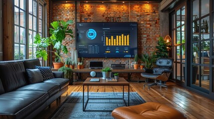 A stylish conference room with a large screen displaying time-saving business analytics, framed in a noir color palette