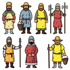 Set medieval characters, various medieval professions depicted. Illustration diverse professions, tools clothing, character represents different roles