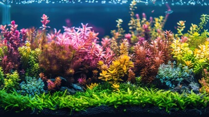 Colorful aquatic plants in aquarium tank with Dutch style aquarium layout