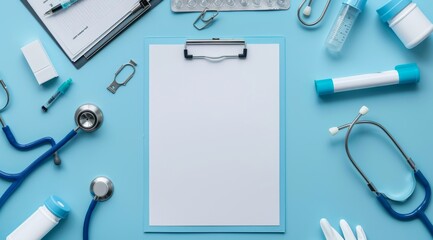 A flat lay composition featuring medical equipment and tools, such as a stethoscope, clipboards, dental floss and a toothpaste tube on a light blue background with copy space