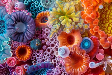 A close-up view of a variety of differently colored small objects grouped together tightly