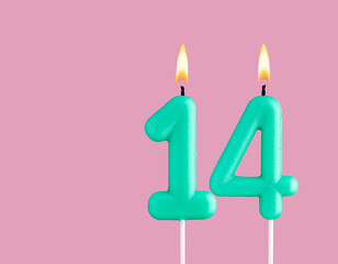 Birthday card with green number 14 candle - Pastel pink background