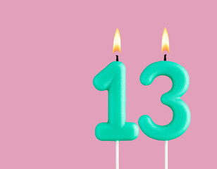 Green candle number 13 - Birthday card on pastel pink background