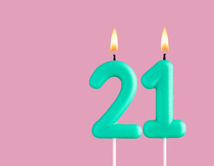Green candle number 21 - Birthday card on pastel pink background
