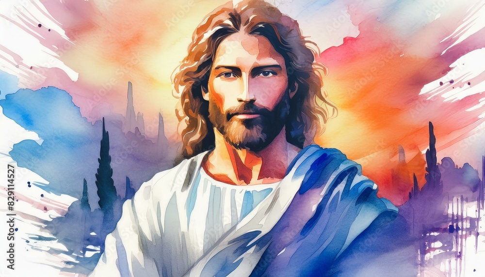 Wall mural jesus christ Biblical. Christian religious watercolor illustration