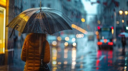 People under umbrella on rainy city wallpaper background