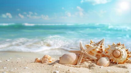 Beautiful summer background with starfish and seashells on the beach, blue sky, sea waves in the distance. Summer vacation concept