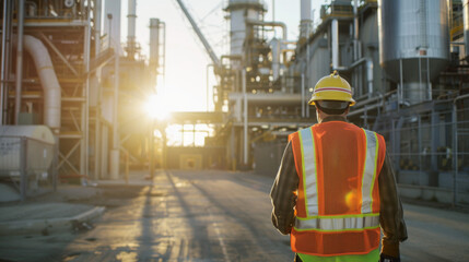 Photo of an engineer wearing a high visibility vest and helmet walking in front of a large industrial power plant. A wide angle shot on a sunny day with a bokeh effect and backlit