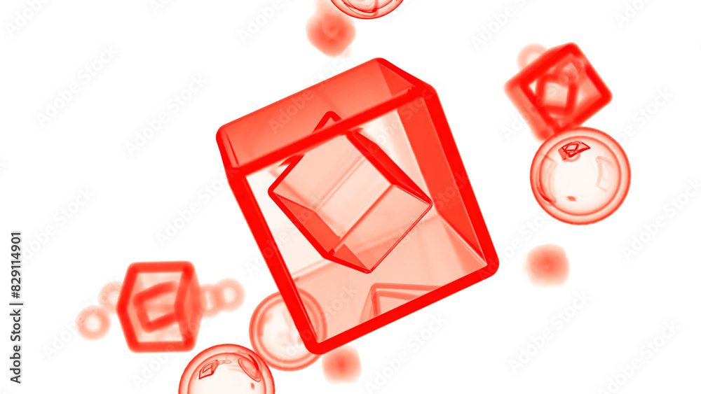 Poster 3d cubes rotating in virtual space. design. transparent cubes and round bubbles.