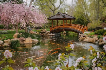 A small wooden bridge spans over a tranquil pond, creating a charming scene in a Japanese garden