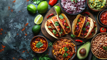 Fototapeta premium Overhead shot of a dinner table with Mexican food and hands. Tacos, beans, carnitas, habanero, salsa,generative ai