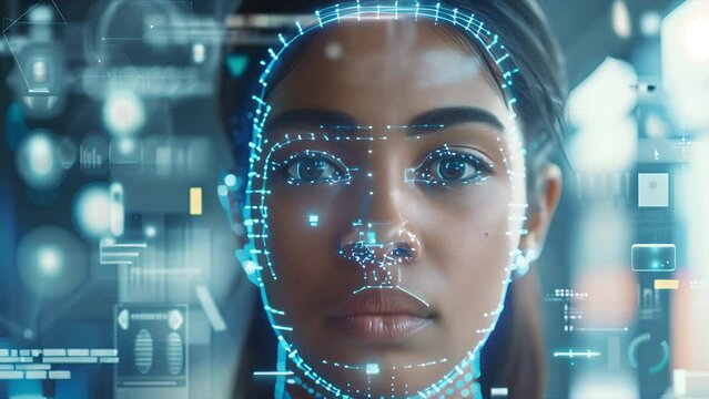 Video from a facial recognition identification system in use at a public school with a wire frame grid overlay over a teen African American girl's face..