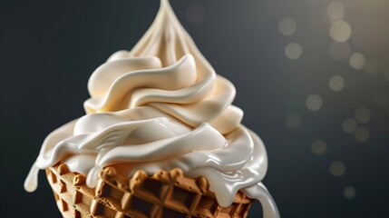 Close-up of creamy vanilla soft serve ice cream in a waffle cone