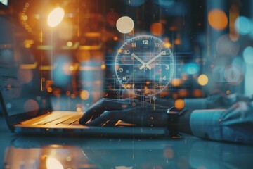 A person typing on a laptop with a blurred clock and calendar background in a double exposure for a time management concept