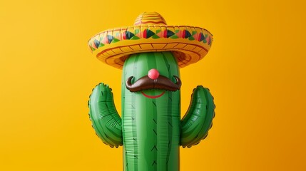Inflatable cactus with mustache and sombrero against yellow background