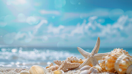 Beautiful summer background with starfish and seashells on the beach, blue sky and sea in blurred focus