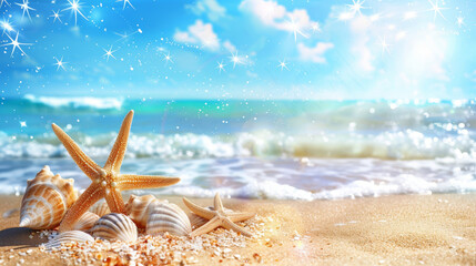 Beautiful summer background with starfish and seashells on the beach, blue sky, sea waves on the sunny day. Banner for vacation travel poster