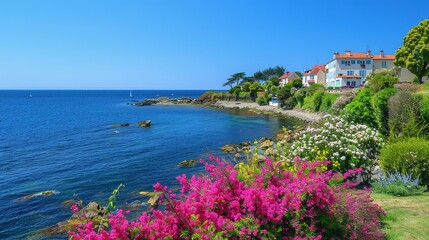Seafront Landscape with Flowers - View of Stunning Coastal Town with Blue Sky
