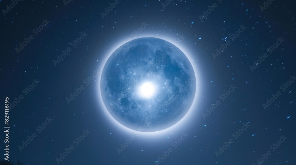 Canvas Prints A hazy blue moon with a brilliant halo of shimmering circles creating a mystical sight in the night sky.