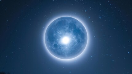 A hazy blue moon with a brilliant halo of shimmering circles creating a mystical sight in the night sky.