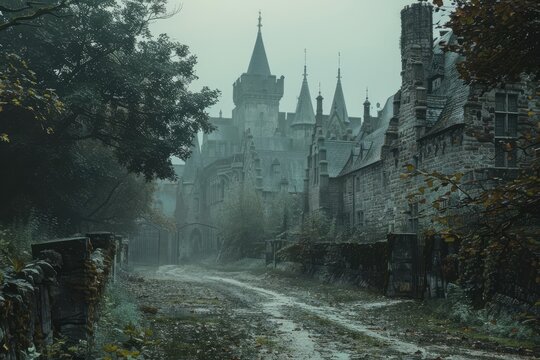 A castle with a large tower and a small house with a stone wall. The castle is surrounded by trees and the road is muddy