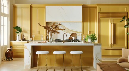 Yellow kitchen interior with honey yellow cabinets