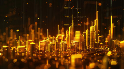 3D rendering of a financial graph with a golden stock market chart and city skyline on a dark background, in the style of a business concept for investment or technology