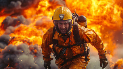 Fototapeta premium an oil rig worker is jumping in the fire at the oil platform trying to escape,generative ai