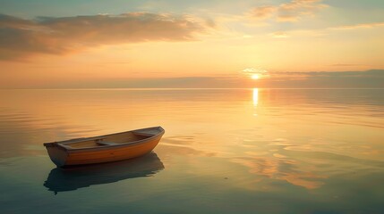 日の出の穏やかな海に浮かぶボート