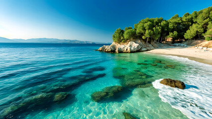 Fototapeta premium tropical island in the sea, beautiful blue water surface, positive atmosphere of rest and relaxation